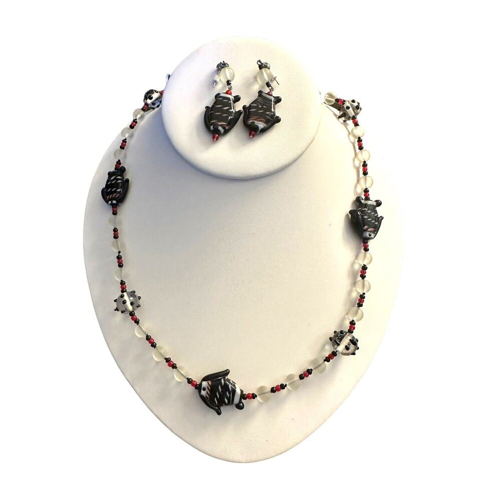 Black Red White Hand Made Lamp Work Beads Fishโ Necklace With Matching Earrings